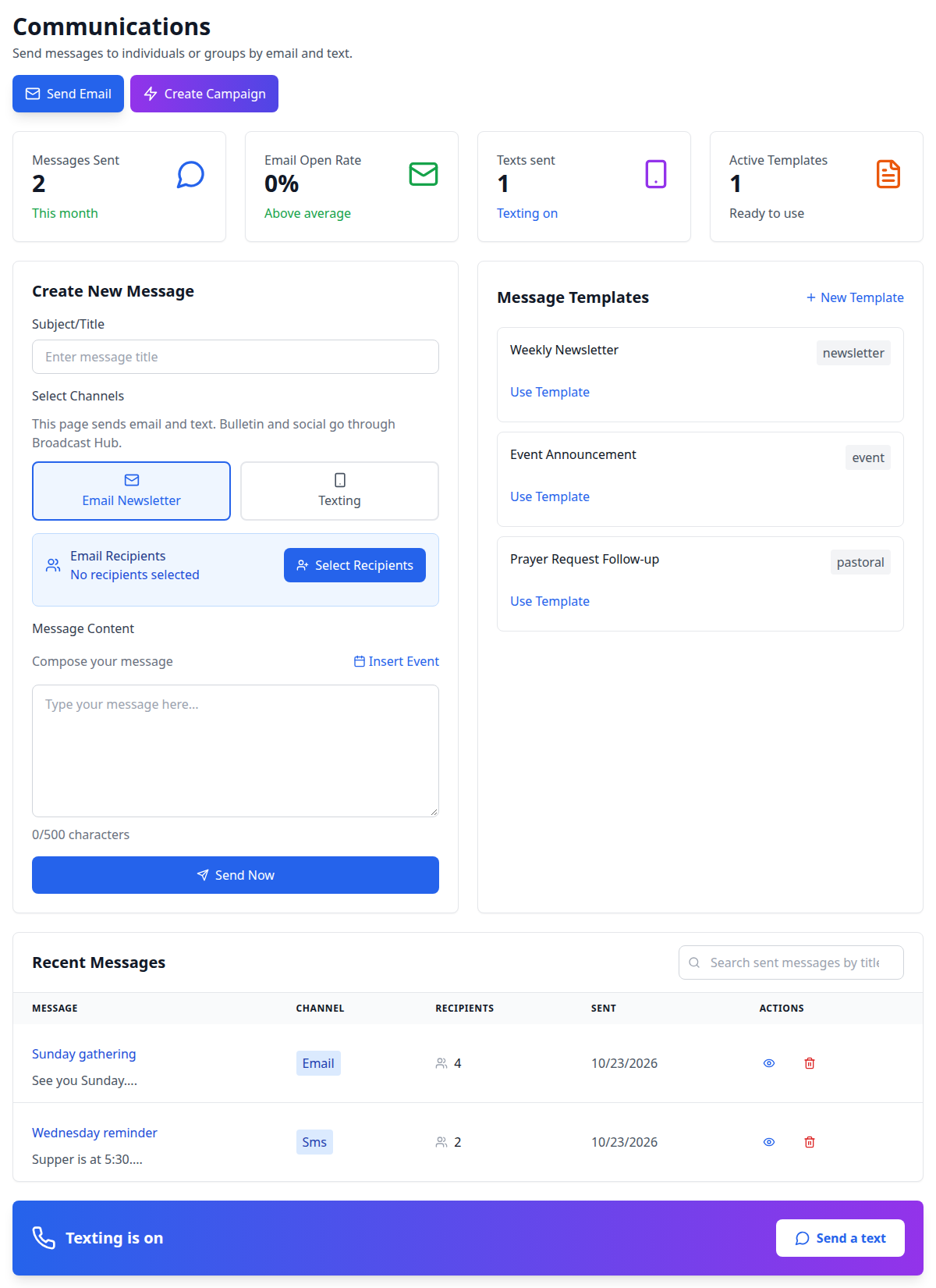 Communications screen with a sent email and a sent text to sample people
