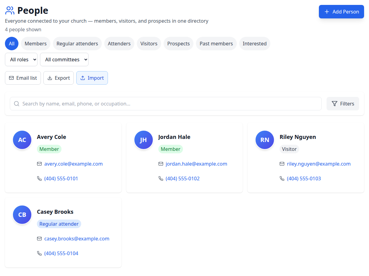 People directory listing sample members and a visitor with phone numbers