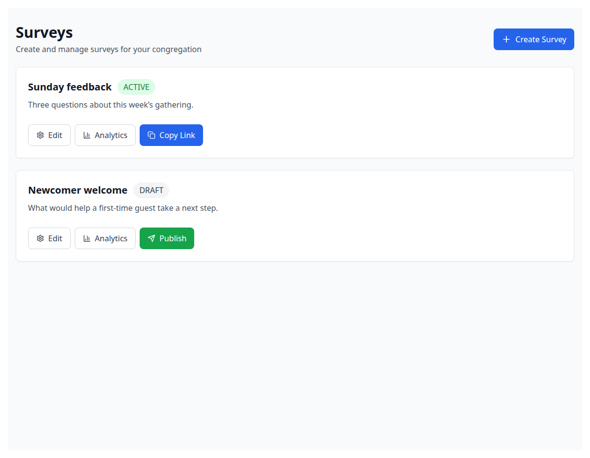 Survey list with a Sunday feedback survey and a newcomer welcome draft